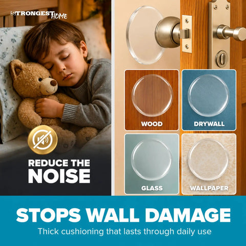 Clear Rubber Door Stoppers Extra Large Self Adhesive Wall Protectors showcase various surfaces like wood and drywall.