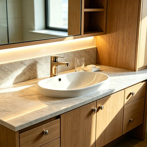 Modern bathroom with wooden cabinets featuring 30 Pack Brushed Nickel Cabinet Knobs Set For Cabinets And Drawers Zinc Alloy Hardware