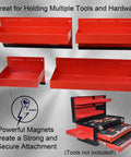 4 Piece Magnetic Tool Tray Set With Red Metal Trays And Strong Magnets For Van Workshop Storage And Garage Toolbox Organization