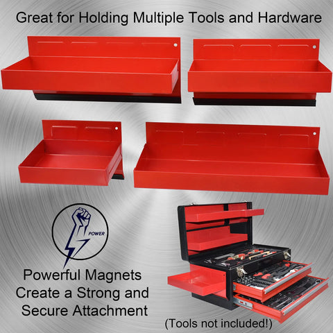 4 Piece Magnetic Tool Tray Set With Red Metal Trays And Strong Magnets For Van Workshop Storage And Garage Toolbox Organization