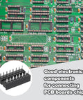 Green PCB with multiple IC sockets and close-up of 25Pcs DIP IC Socket Adapters 500V 2.54mm Pitch 16 Flat Pins