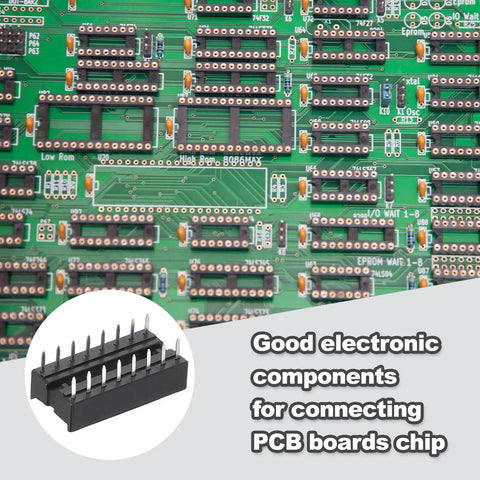 Green PCB with multiple IC sockets and close-up of 25Pcs DIP IC Socket Adapters 500V 2.54mm Pitch 16 Flat Pins