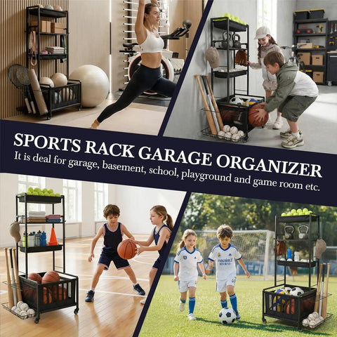 Rolling 4-Tier Sports Gear Organizer Carts With Wheels For Garage And Outdoor Use, Ball Storage Rack With Wire Basket And Fabric Bins, 4 Removable Hooks, Side Bat Rack, Easy Grab And Go Toy Gear Storage, Black