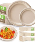 Eco Friendly Sugarcane Disposable Dinnerware Set With 250 Pieces Of Compostable Plates And Biodegradable Utensils displayed together
