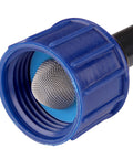 Compression Swivel Adapter With Washer For 1 Quarter Inch Drip Tubing To 3 Quarter Inch MHT Hose Bibb Or Garden Hose Built In Swivel To Prevent Kinking Leak Free Connection For No Fuss Drip Irrigation Black, blue close-up with mesh washer