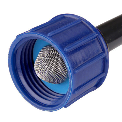 Compression Swivel Adapter With Washer For 1 Quarter Inch Drip Tubing To 3 Quarter Inch MHT Hose Bibb Or Garden Hose Built In Swivel To Prevent Kinking Leak Free Connection For No Fuss Drip Irrigation Black, blue close-up with mesh washer
