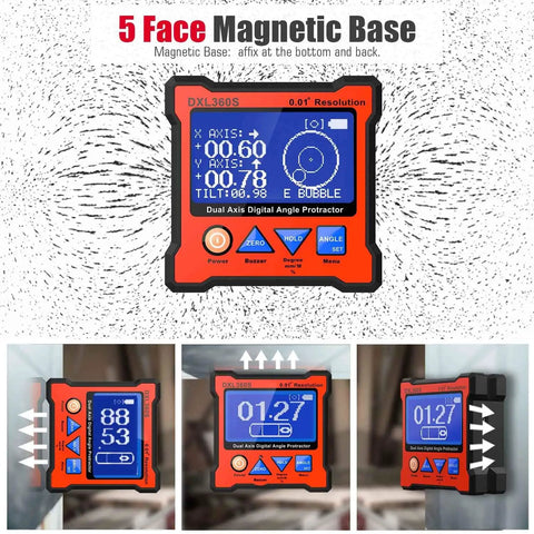 Dual Axis Digital Protractor with Five Face Magnetic Base 0.01 Degree Resolution, digital display, red casing, leveling angles