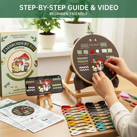 Person using Beginner Embroidery Kit With 4 Learning Stages And 38 Stitches, Step By Step Instructions And Clear Video Guides, All Inclusive Accessories Included, Perfect Gift For Craft Lovers with thread and hoop
