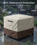 Built To Last Heavy Duty Waterproof Patio Ottoman Cover For Square Outdoor Side Table With Padded Handles All Weather 600D Oxford Fabric Windproof UV Resistant 25 x 25 x 18 Inches Beige Brown in use during rain on patio