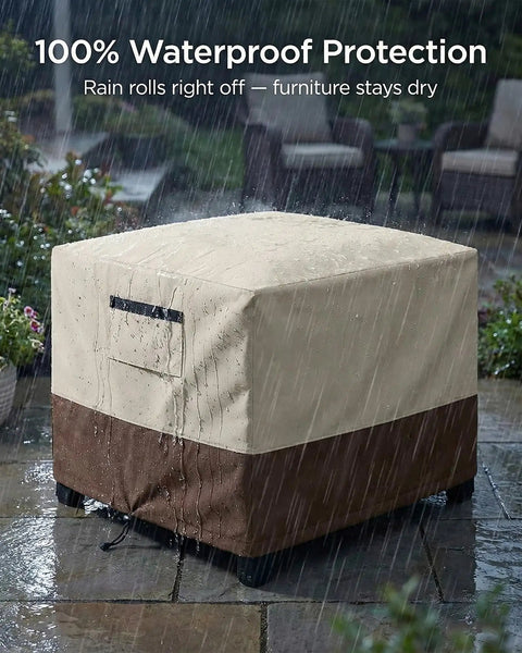 Built To Last Heavy Duty Waterproof Patio Ottoman Cover For Square Outdoor Side Table With Padded Handles All Weather 600D Oxford Fabric Windproof UV Resistant 25 x 25 x 18 Inches Beige Brown in use during rain on patio