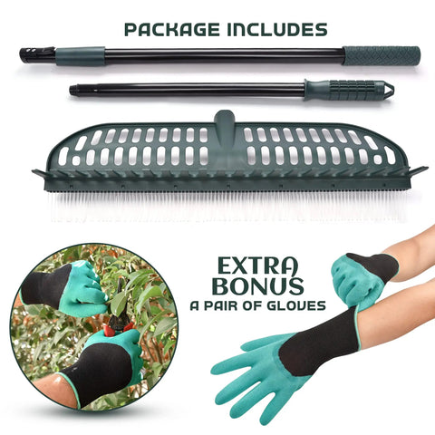 All In One Turf Rake For Artificial Grass And Carpets With A 63 Inch Telescoping Handle And 18 Inch Wide Brush Includes Gloves