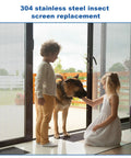 Children and dog indoors with Heavy Duty 304 Stainless Steel Window Screen Roll 47 Inch By 100 Feet for doors and patios.