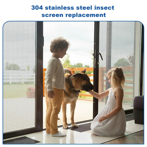 Children and dog indoors with Heavy Duty 304 Stainless Steel Window Screen Roll 47 Inch By 100 Feet for doors and patios.
