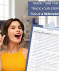 Woman holding All In One Daily Activity Log Notepad For Boss Level Office Productivity And Task Tracking Time Management Planner