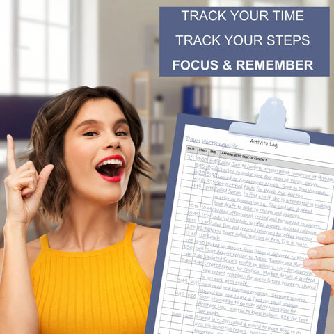 Woman holding All In One Daily Activity Log Notepad For Boss Level Office Productivity And Task Tracking Time Management Planner