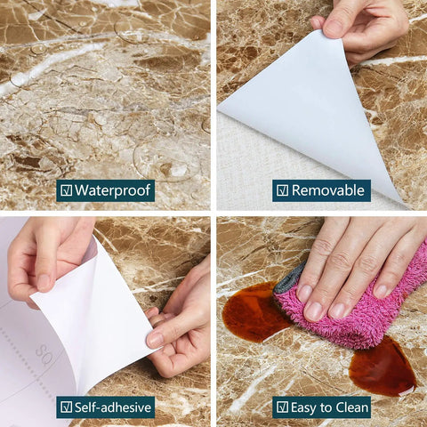 Brown Marble Contact Paper Peel And Stick Countertop Wallpaper showing waterproof, removable, self-adhesive, and easy to clean features