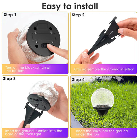 Easy installation steps for 2 Pack Solar Garden Lights With 80 LED Colorful Cracked Glass Balls on grass