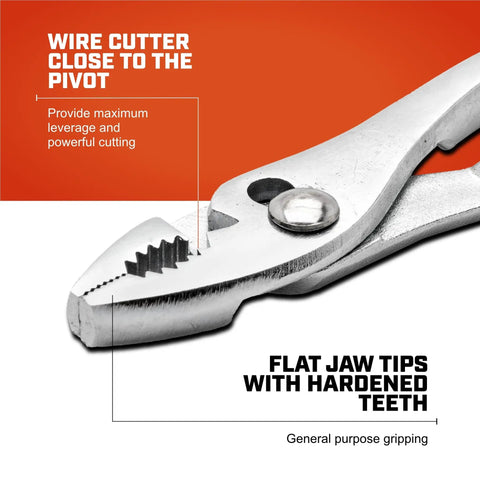 Close-up of Curved Jaw Slip Joint Pliers With Hardened Teeth, showing flat jaw tips and wire cutter for home or shop use.