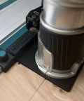 Killer Precision Router Guide Rail Adapter For Makita Tools shown mounted on track rail, detail of onboard rail stop.