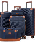 Cosbarn 5-piece navy blue hard-shell luggage set with tan accents and spinner wheels (front view)