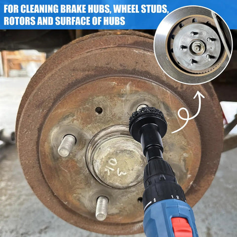 Wheel Hub Cleaning Tool Kit Pro Grade Heavy Duty Resurfacing Kit With 7 Pads in use on rusty wheel hub