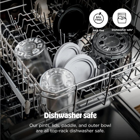 Ultimate Seven In One Frozen Treat Machine accessories in dishwasher, BPA-free pints and lids for easy cleaning.