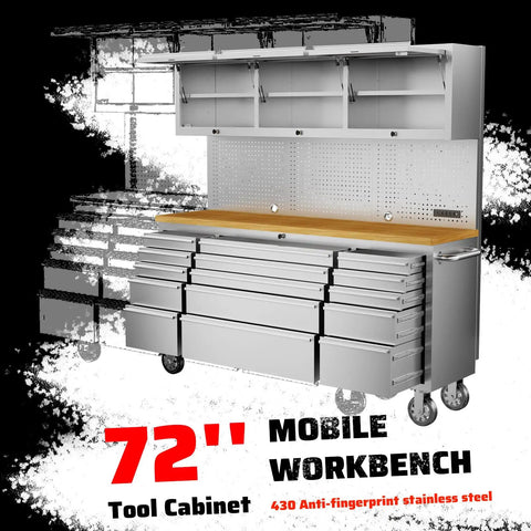 72 Inch Rolling Tool Cabinet With 15 Drawers Mobile Workbench Chest Stainless Steel Pegboard Upper Cabinets Four Locking Wheels Built In Outlets And USB Ports Pro Grade Heavy Duty Garage Storage Solution
