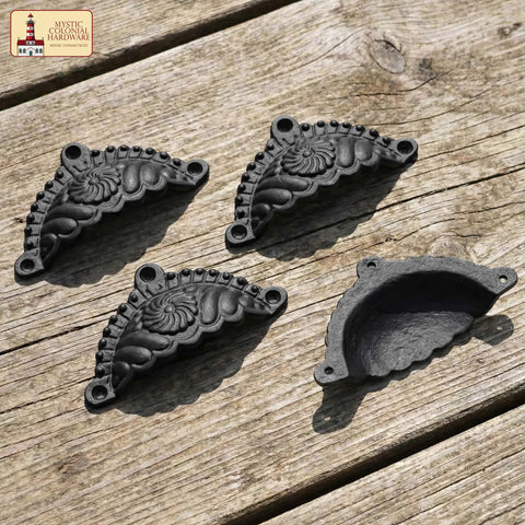 Matte Black Cup Drawer Pulls For Cabinets And Kitchen, Mystic Colonial Style Flat Black Cabinet Handles, heavy duty cast iron