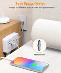 Game Changing Desktop Surge Protector Power Strip With Six AC Outlets And Four USB Charging Ports Low Profile Extension Cord mounted by bedside.