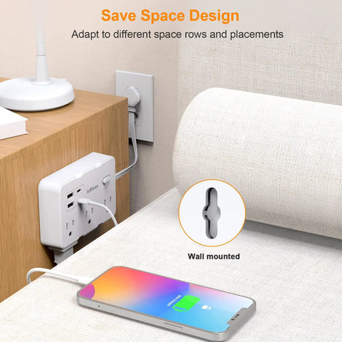Game Changing Desktop Surge Protector Power Strip With Six AC Outlets And Four USB Charging Ports Low Profile Extension Cord mounted by bedside.
