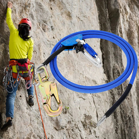Half Inch Wire Core Flip Line For Tree Climbers And Arborists 10 Foot Length With Triple Lock Carabiner Adjuster and climber on rock face