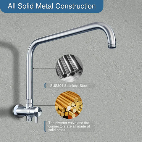 All Solid Metal Built To Last 3 Way Shower Arm Diverter Valve With 16 Inch Shower Head Extension Arm and High Rise Extender