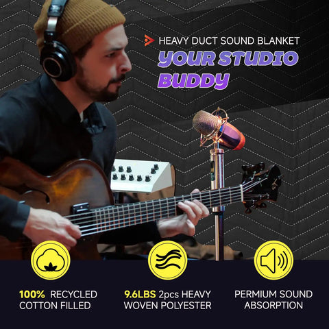 Heavy Duty 2 Pack Sound Dampening Blankets 48x80 Inches With Steel Grommets 850 GSM Acoustic Noise Reducing Pads For Home Studio And Moving Gear. Musician using sound blanket.