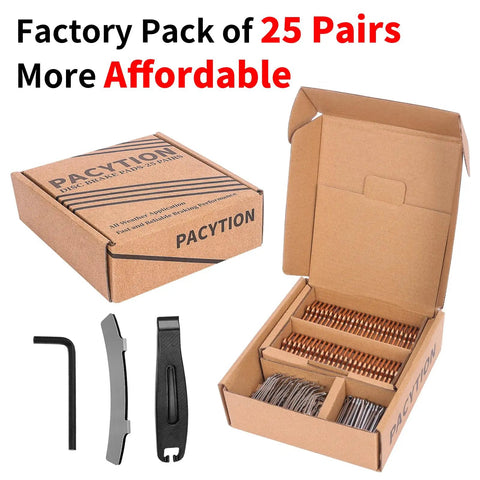 Open box showing 25 Pairs Beefed Up Sintered 4 Piston Metal Bike Brake Pads For Ebike And Electric Scooter Compatible With Shimano MT420