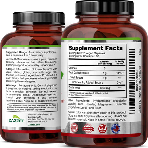 Mega Potent D Mannose 1000 Mg Per Serving, 180 Vegan Capsules bottle showing supplement facts and usage instructions