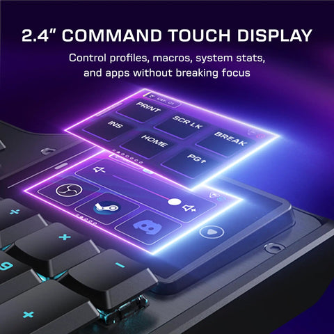 Full Size Mechanical PC Gaming Keyboard With Command Touch Display And Titan Switches For Rapid Macro Setup And Absolutely Lit Zero Lag Clutch Gameplay Ready 2.4-inch screen showing control profiles and macros.