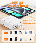 Real Deal Flat Plug Power Strip With 10 Foot Extension Cord Featuring Eight Widely Spaced Outlets And 4 Usb A Plus 4 Usb C Fast Charge Ports Perfect For Your Everyday Desk Setup Home Office Or Dorm Room Essential White on a wooden surface.