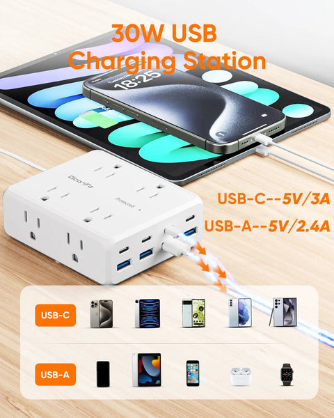 Real Deal Flat Plug Power Strip With 10 Foot Extension Cord Featuring Eight Widely Spaced Outlets And 4 Usb A Plus 4 Usb C Fast Charge Ports Perfect For Your Everyday Desk Setup Home Office Or Dorm Room Essential White on a wooden surface.