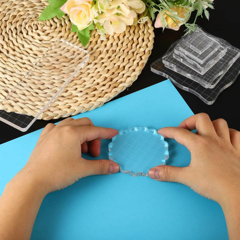 Clear Acrylic Stamp Block With Grid Lines 6x5 Inch For Scrapbooking And Card Making, Precise Alignment For DIY Crafts, Smooth Surface, Reusable Stamping Platform For Crafty Folks And Hobbyists, clear round block in use