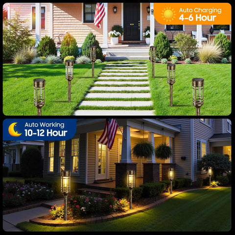 Day and night view of 4 Pack Solar Firefly Lights Outdoor Garden Decor With 32 LED Swaying Iron Wire Bulbs illuminating a pathway