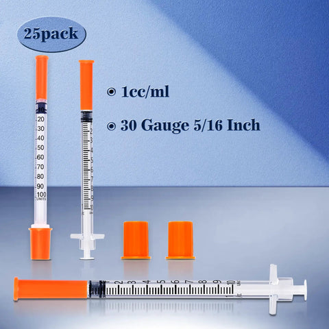 One Milliliter Syringe Five Sixteenth Inch 30 Gauge 8mm U 100 Lab Supplies Individually Wrapped Pack Of Twenty Five Sterile Medical Syringes For Precise Dosing And Safe Disposal 25-pack 1 mL syringes with orange caps
