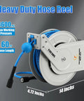 Pressure Washer Hose Reel With Retractable Hose, Sixty Foot Long One Quarter Inch Core, Auto Rewind, Heavy Duty Steel Construction.