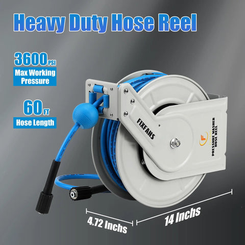 Pressure Washer Hose Reel With Retractable Hose, Sixty Foot Long One Quarter Inch Core, Auto Rewind, Heavy Duty Steel Construction.