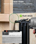 Flush-driven Heavy Duty Galvanized 18 Gauge Brad Nails 1 1/4 Inch sharp point steel finish fasteners in use with pneumatic nailer.