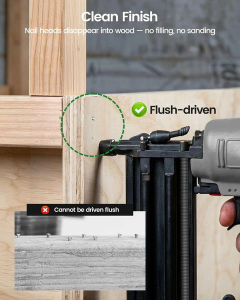 Flush-driven Heavy Duty Galvanized 18 Gauge Brad Nails 1 1/4 Inch sharp point steel finish fasteners in use with pneumatic nailer.