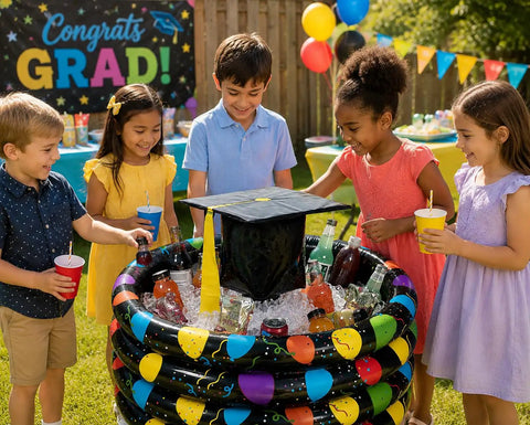 Children around Class Of 2026 Graduation Inflatable Cooler With 72 Drink Capacity Floating Pool Ice Bucket Party Tub at outdoor party