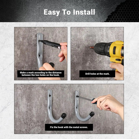 Installation steps for 12 Pack 4Inch Heavy Duty Garage Wall Hooks Steel J Hooks For Tools with drill and screws.