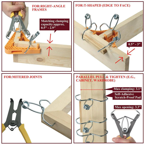 Diagram showing Game Changer Corner Clamp Set For Woodworking 90 Degree Right Angle Holders For T Joint And Miter Joint Cabinet Face Frames
