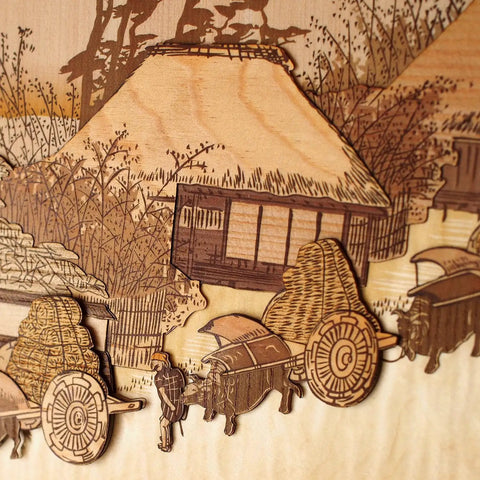 Ukiyoe Art Kit Kiharie The Running Well Teahouse At Otsu By Hiroshige, Japanese sliced wood collage detail with cart.