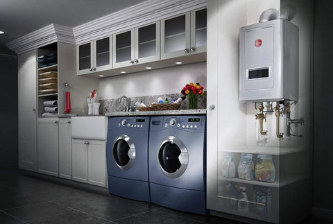 Compact Condensing Tankless Gas Water Heater Built For Snug Indoor Spots Delivering Zero Wait Hot Water At A Blazing 11 Gpm Pace in laundry area.